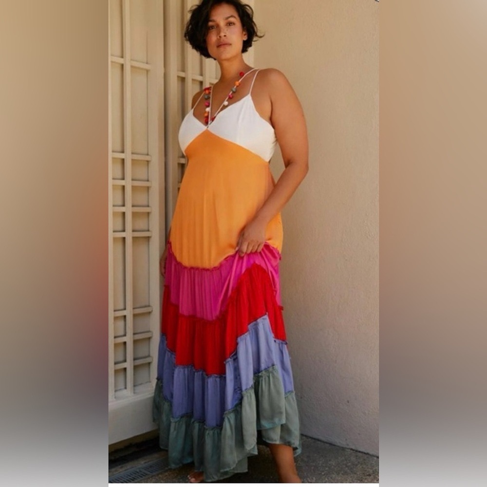 Festive ANTHROPOLOGIE Rainbow V-neck Maxi Dress